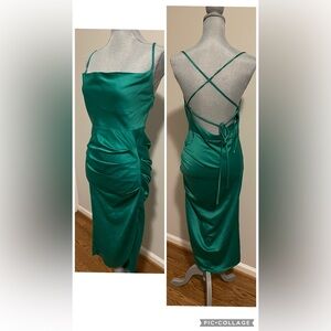 🍀emerald green🍀satin ruched bodycon midi dress